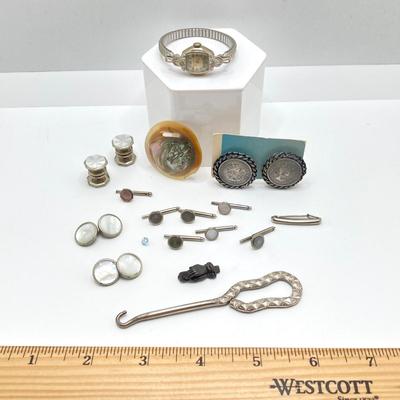 LOT 69: Vintage Jewelry and Accessories - Swiss Bulova Ladies Watch 10K Gold Filled, Queen Elizabeth The Second Clip-on Earrings, Abalone...