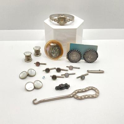 LOT 69: Vintage Jewelry and Accessories - Swiss Bulova Ladies Watch 10K Gold Filled, Queen Elizabeth The Second Clip-on Earrings, Abalone...