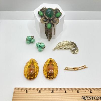 LOT 70: Vanity Mirror with Collection of Vintage Jewelry - Brooches / Pins, Shoe Clips, Clip-on Earrings, Adjustable Promise Ring and More