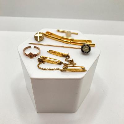 LOT 70: Vanity Mirror with Collection of Vintage Jewelry - Brooches / Pins, Shoe Clips, Clip-on Earrings, Adjustable Promise Ring and More
