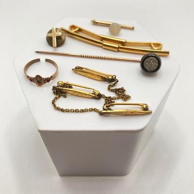 LOT 70: Vanity Mirror with Collection of Vintage Jewelry - Brooches / Pins, Shoe Clips, Clip-on Earrings, Adjustable Promise Ring and More