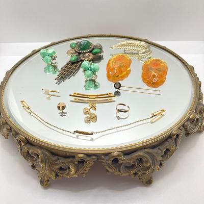 LOT 70: Vanity Mirror with Collection of Vintage Jewelry - Brooches / Pins, Shoe Clips, Clip-on Earrings, Adjustable Promise Ring and More