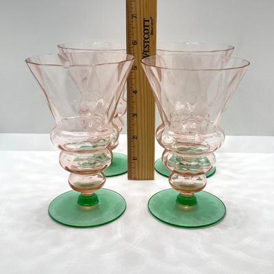 LOT 73: Depression Glass Collection - Two Tone Green Uranium / Pink Glasses, Green Bud Vase and Bowl, Pink Condiment / Candy Bowl with...