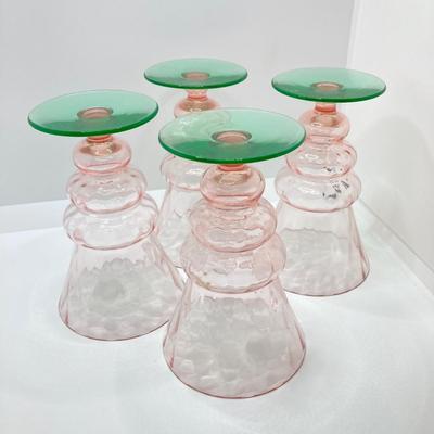 LOT 73: Depression Glass Collection - Two Tone Green Uranium / Pink Glasses, Green Bud Vase and Bowl, Pink Condiment / Candy Bowl with...