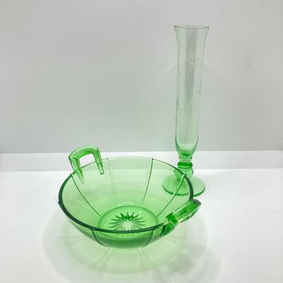 LOT 73: Depression Glass Collection - Two Tone Green Uranium / Pink Glasses, Green Bud Vase and Bowl, Pink Condiment / Candy Bowl with...