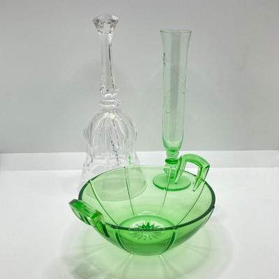 LOT 73: Depression Glass Collection - Two Tone Green Uranium / Pink Glasses, Green Bud Vase and Bowl, Pink Condiment / Candy Bowl with...