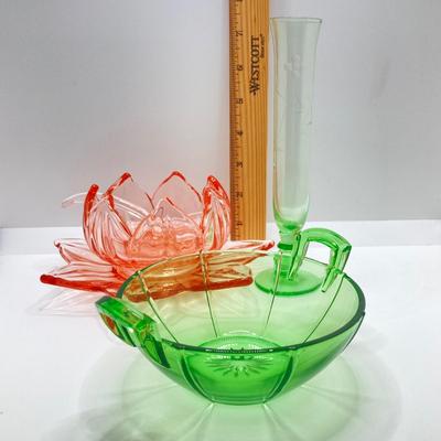 LOT 73: Depression Glass Collection - Two Tone Green Uranium / Pink Glasses, Green Bud Vase and Bowl, Pink Condiment / Candy Bowl with...