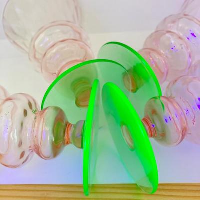 LOT 73: Depression Glass Collection - Two Tone Green Uranium / Pink Glasses, Green Bud Vase and Bowl, Pink Condiment / Candy Bowl with...