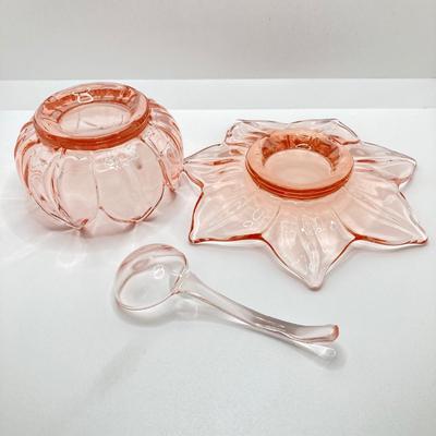 LOT 73: Depression Glass Collection - Two Tone Green Uranium / Pink Glasses, Green Bud Vase and Bowl, Pink Condiment / Candy Bowl with...