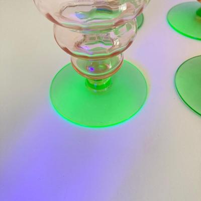LOT 73: Depression Glass Collection - Two Tone Green Uranium / Pink Glasses, Green Bud Vase and Bowl, Pink Condiment / Candy Bowl with...