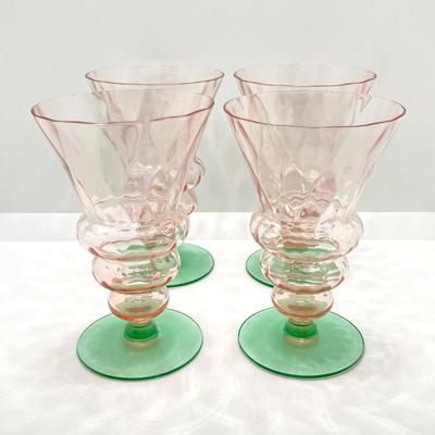 LOT 73: Depression Glass Collection - Two Tone Green Uranium / Pink Glasses, Green Bud Vase and Bowl, Pink Condiment / Candy Bowl with...