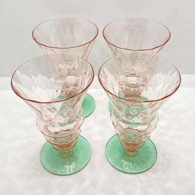 LOT 73: Depression Glass Collection - Two Tone Green Uranium / Pink Glasses, Green Bud Vase and Bowl, Pink Condiment / Candy Bowl with...