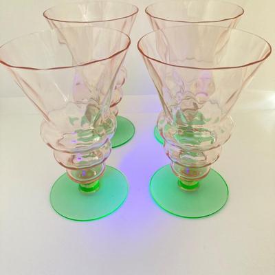 LOT 73: Depression Glass Collection - Two Tone Green Uranium / Pink Glasses, Green Bud Vase and Bowl, Pink Condiment / Candy Bowl with...