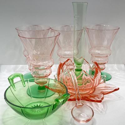 LOT 73: Depression Glass Collection - Two Tone Green Uranium / Pink Glasses, Green Bud Vase and Bowl, Pink Condiment / Candy Bowl with...
