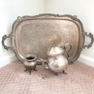 LOT 75: Silver Plated Serving Tray with Silver on Copper Tea Pot and Jardiniere Planter