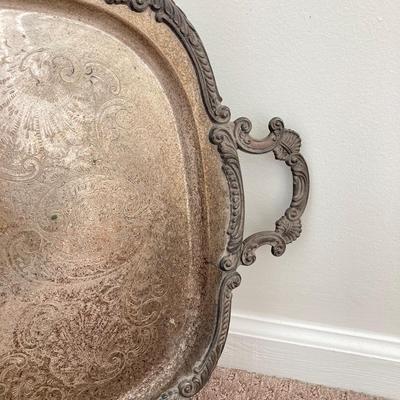 LOT 75: Silver Plated Serving Tray with Silver on Copper Tea Pot and Jardiniere Planter