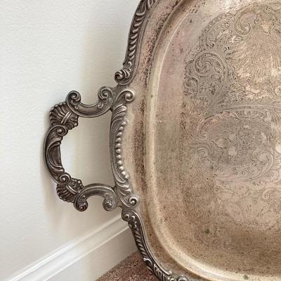 LOT 75: Silver Plated Serving Tray with Silver on Copper Tea Pot and Jardiniere Planter