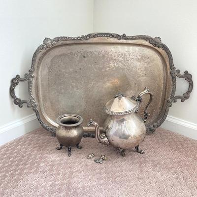 LOT 75: Silver Plated Serving Tray with Silver on Copper Tea Pot and Jardiniere Planter