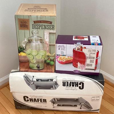 LOT 81: Kitchen Essentials in Original Boxes - Economy Chafer Stainless Steel Chafing Dish, Nicole's Glass Beverage Dispenser and...