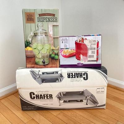 LOT 81: Kitchen Essentials in Original Boxes - Economy Chafer Stainless Steel Chafing Dish, Nicole's Glass Beverage Dispenser and...