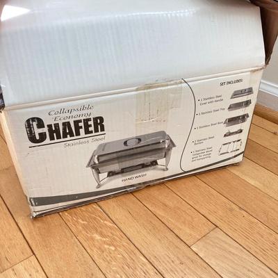 LOT 81: Kitchen Essentials in Original Boxes - Economy Chafer Stainless Steel Chafing Dish, Nicole's Glass Beverage Dispenser and...