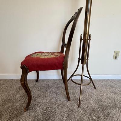LOT 85: Vintage Victorian Chair w/Needlepoint Seat along with a Brass Coat Rack