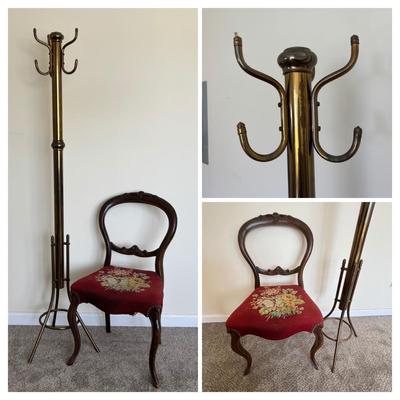 LOT 85: Vintage Victorian Chair w/Needlepoint Seat along with a Brass Coat Rack