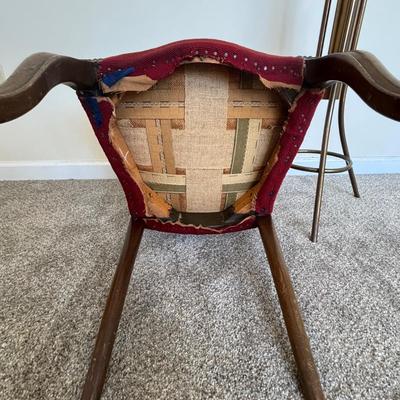 LOT 85: Vintage Victorian Chair w/Needlepoint Seat along with a Brass Coat Rack