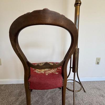 LOT 85: Vintage Victorian Chair w/Needlepoint Seat along with a Brass Coat Rack