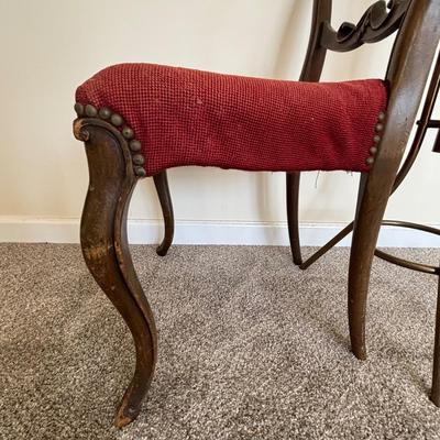 LOT 85: Vintage Victorian Chair w/Needlepoint Seat along with a Brass Coat Rack