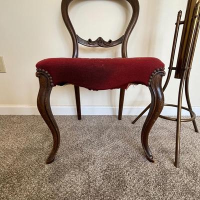 LOT 85: Vintage Victorian Chair w/Needlepoint Seat along with a Brass Coat Rack