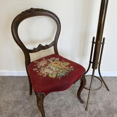 LOT 85: Vintage Victorian Chair w/Needlepoint Seat along with a Brass Coat Rack