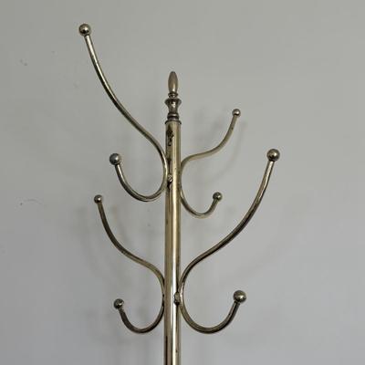 LOT 86: Stakmore Folding Chair, Brass Coat Rack & Upholstered Foot Rest