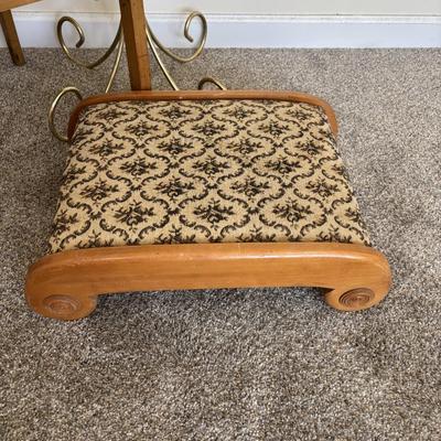 LOT 86: Stakmore Folding Chair, Brass Coat Rack & Upholstered Foot Rest