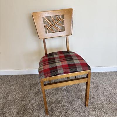 LOT 86: Stakmore Folding Chair, Brass Coat Rack & Upholstered Foot Rest