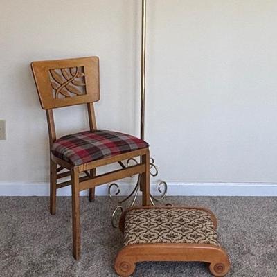 LOT 86: Stakmore Folding Chair, Brass Coat Rack & Upholstered Foot Rest