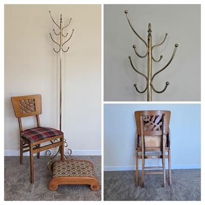LOT 86: Stakmore Folding Chair, Brass Coat Rack & Upholstered Foot Rest