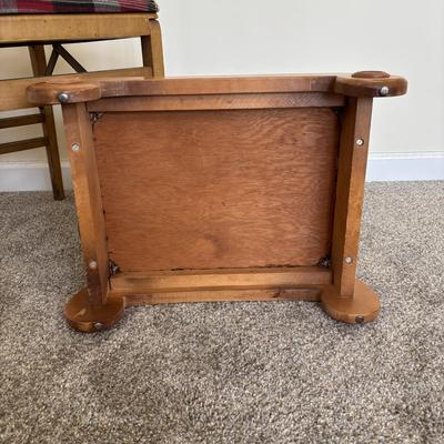 LOT 86: Stakmore Folding Chair, Brass Coat Rack & Upholstered Foot Rest