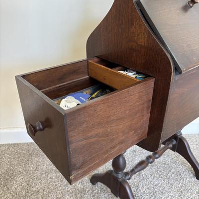 LOT 87: Antique Sewing Box w/Notions & Vintage Victorian Chair w/Needlepoint Seat