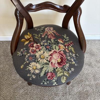 LOT 87: Antique Sewing Box w/Notions & Vintage Victorian Chair w/Needlepoint Seat