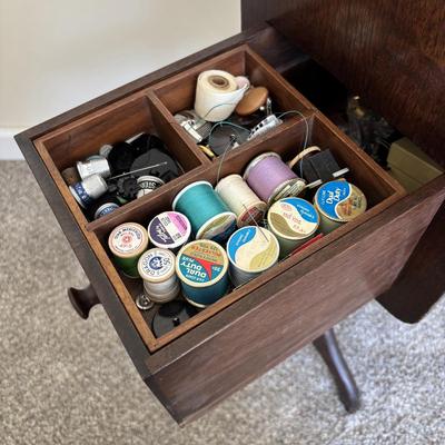 LOT 87: Antique Sewing Box w/Notions & Vintage Victorian Chair w/Needlepoint Seat