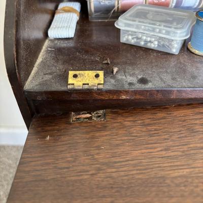LOT 87: Antique Sewing Box w/Notions & Vintage Victorian Chair w/Needlepoint Seat