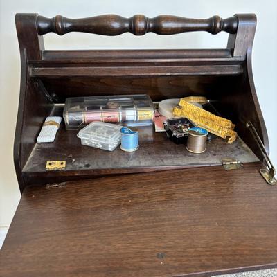 LOT 87: Antique Sewing Box w/Notions & Vintage Victorian Chair w/Needlepoint Seat