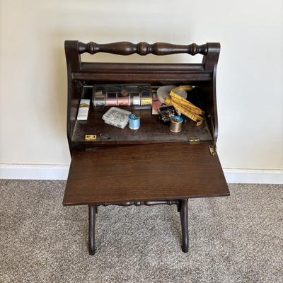 LOT 87: Antique Sewing Box w/Notions & Vintage Victorian Chair w/Needlepoint Seat