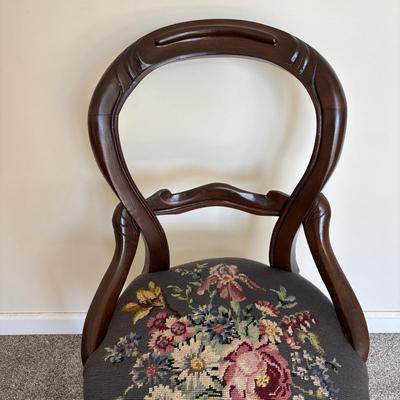 LOT 87: Antique Sewing Box w/Notions & Vintage Victorian Chair w/Needlepoint Seat