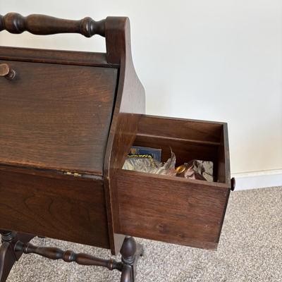 LOT 87: Antique Sewing Box w/Notions & Vintage Victorian Chair w/Needlepoint Seat