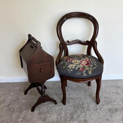 LOT 87: Antique Sewing Box w/Notions & Vintage Victorian Chair w/Needlepoint Seat