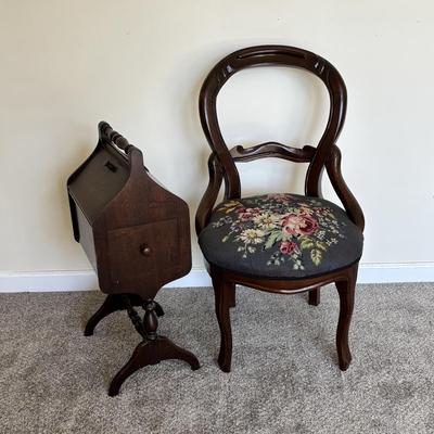 LOT 87: Antique Sewing Box w/Notions & Vintage Victorian Chair w/Needlepoint Seat