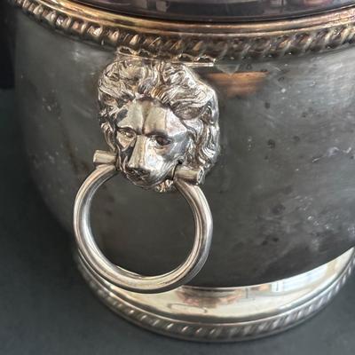 LOT 92: Sheffield Silve Plated Ice Bucket w/Lion Handles, Etched Pink Depressio Glasses (2), Etched Pilsner Glasses (3), MCM Gold Oak...