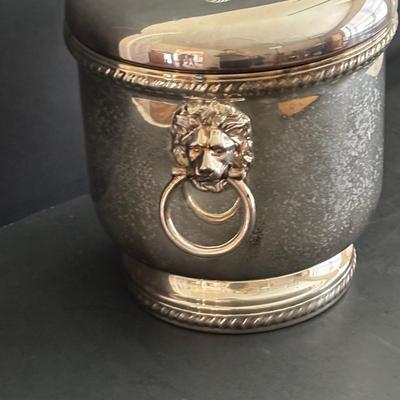LOT 92: Sheffield Silve Plated Ice Bucket w/Lion Handles, Etched Pink Depressio Glasses (2), Etched Pilsner Glasses (3), MCM Gold Oak...